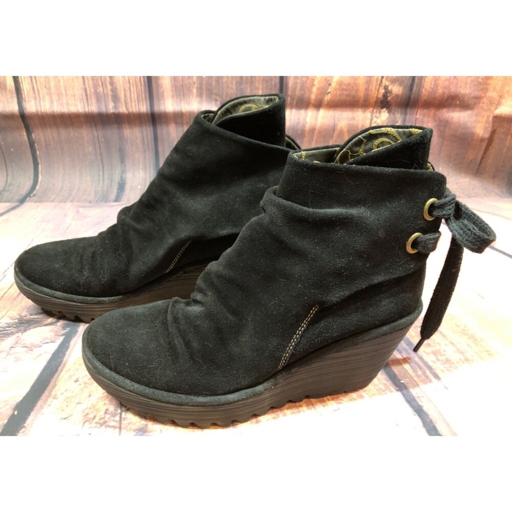 Fly London Yama Black Suede Wedge Lace-up Ankle Boots Womens 38 (s7f)